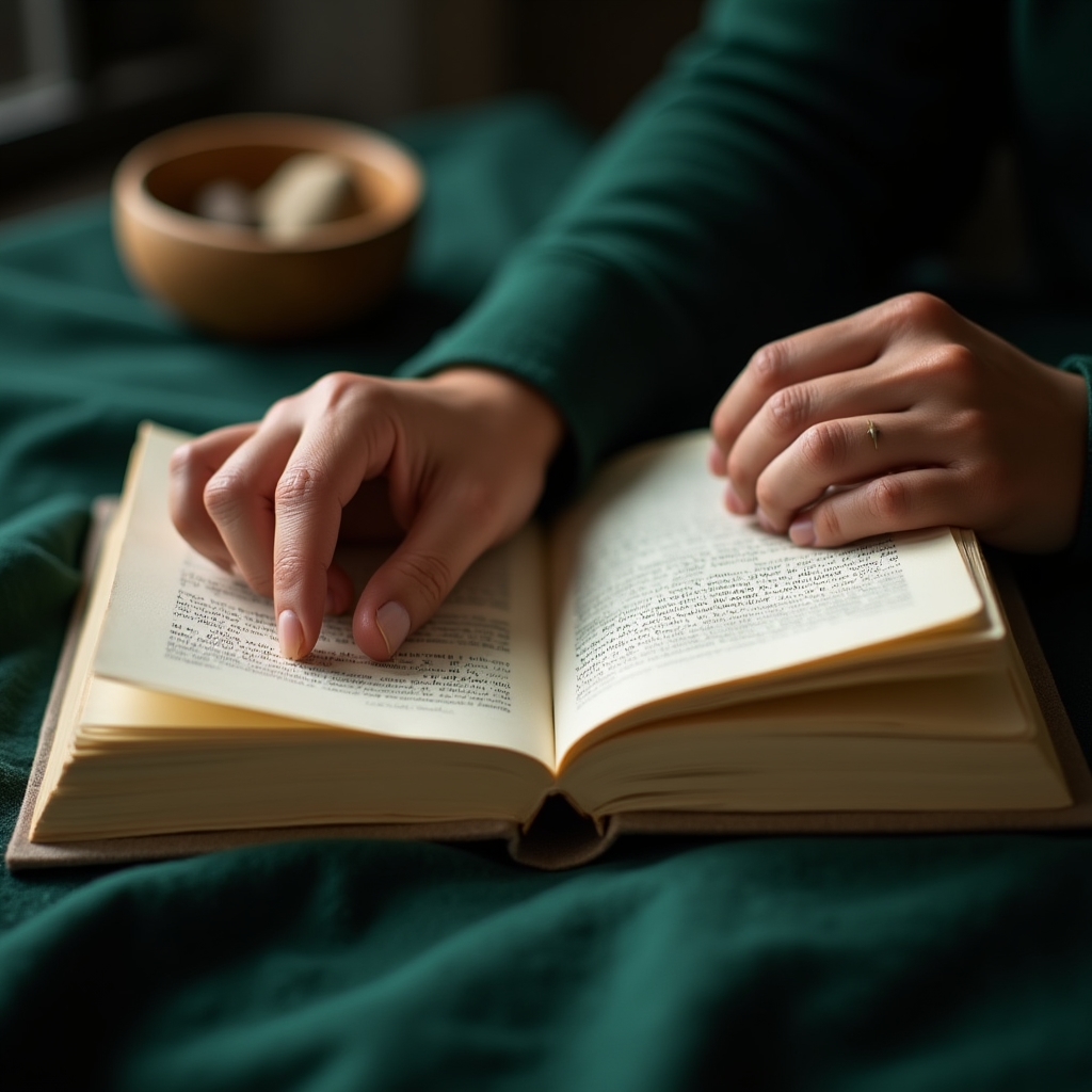 Nahaufnahme von Händen, die ein Buch aufschlagen und Notizen machen